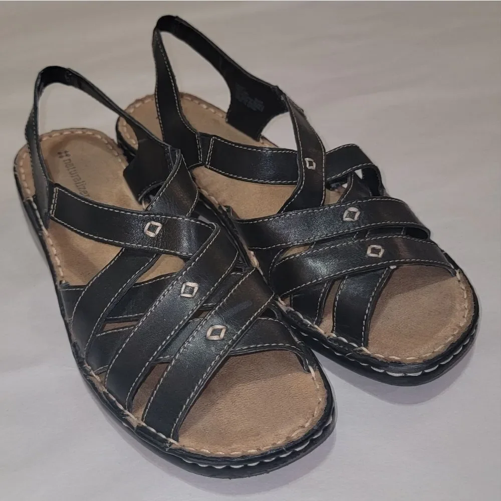 Naturalizer Craft Black Leather Strappy Comfort Sandals w Thick Stitching Sz 9.5